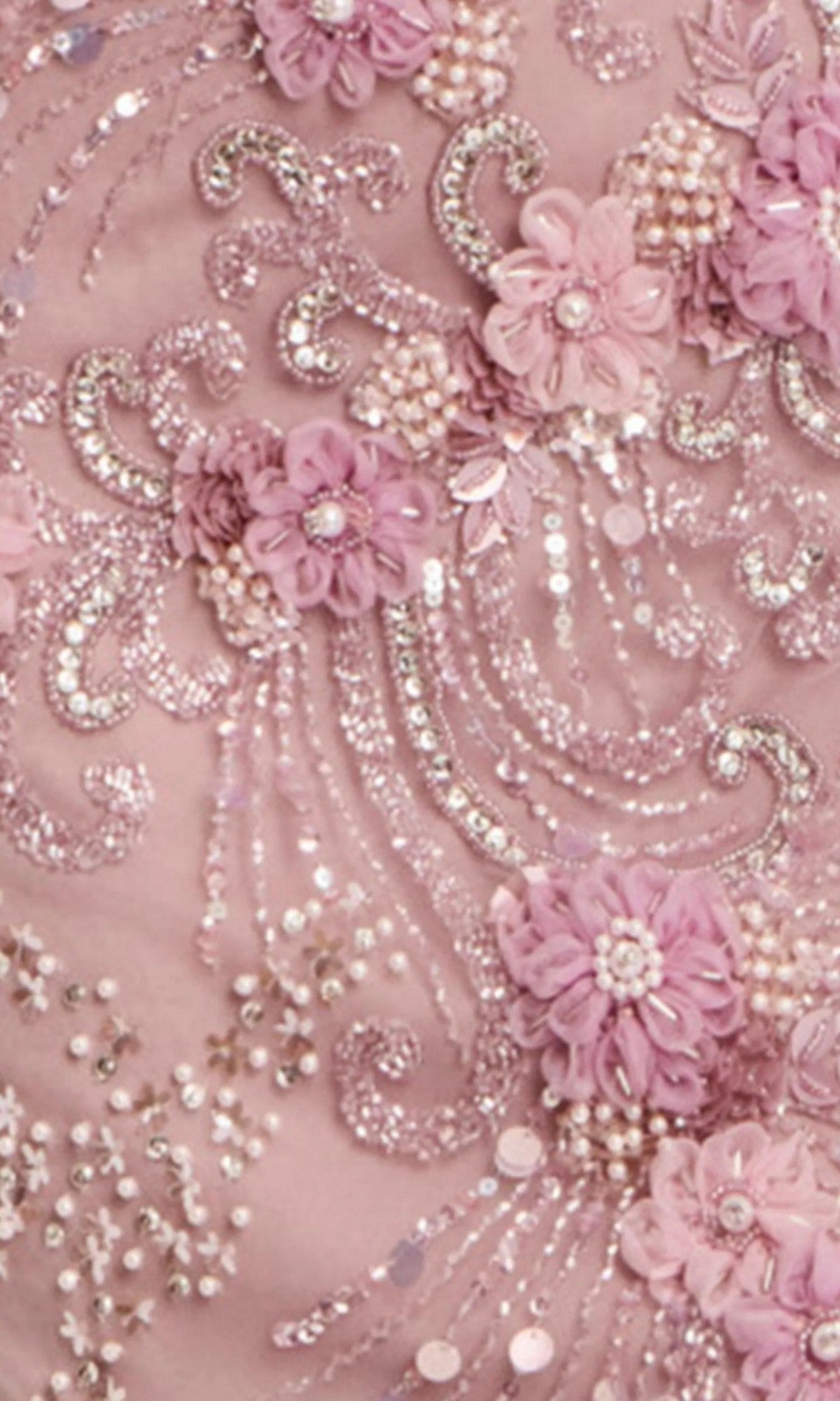 Close-up of the Jovani 44007 Long Prom Dress featuring an off-the-shoulder pink design with elaborate beadwork, sequins, and 3D floral appliques.